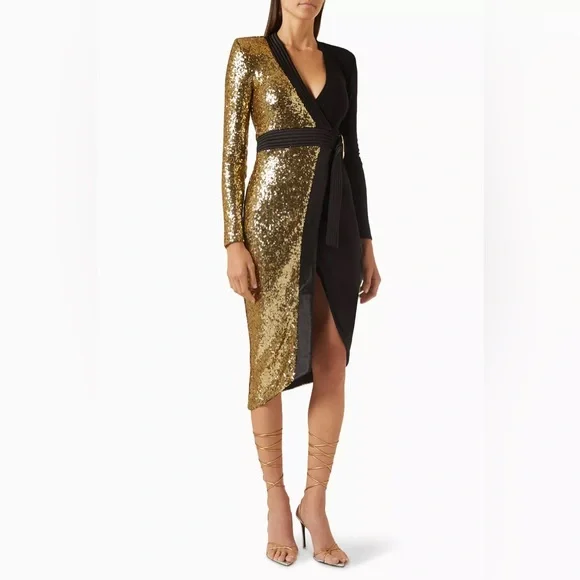 ZHIVAGO Take Off Midi Dress in Sequin Jersey Black/Gold